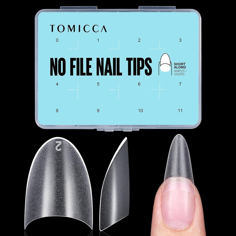 TOMICCA Short Almond Nail Tips, 504Pcs Full Matte Press on Half Cover Acrylic Nails,12 Sizes No C Curve Fake Nail Tips for Nail Extension Art Home DIY Nail Salon - Image 1